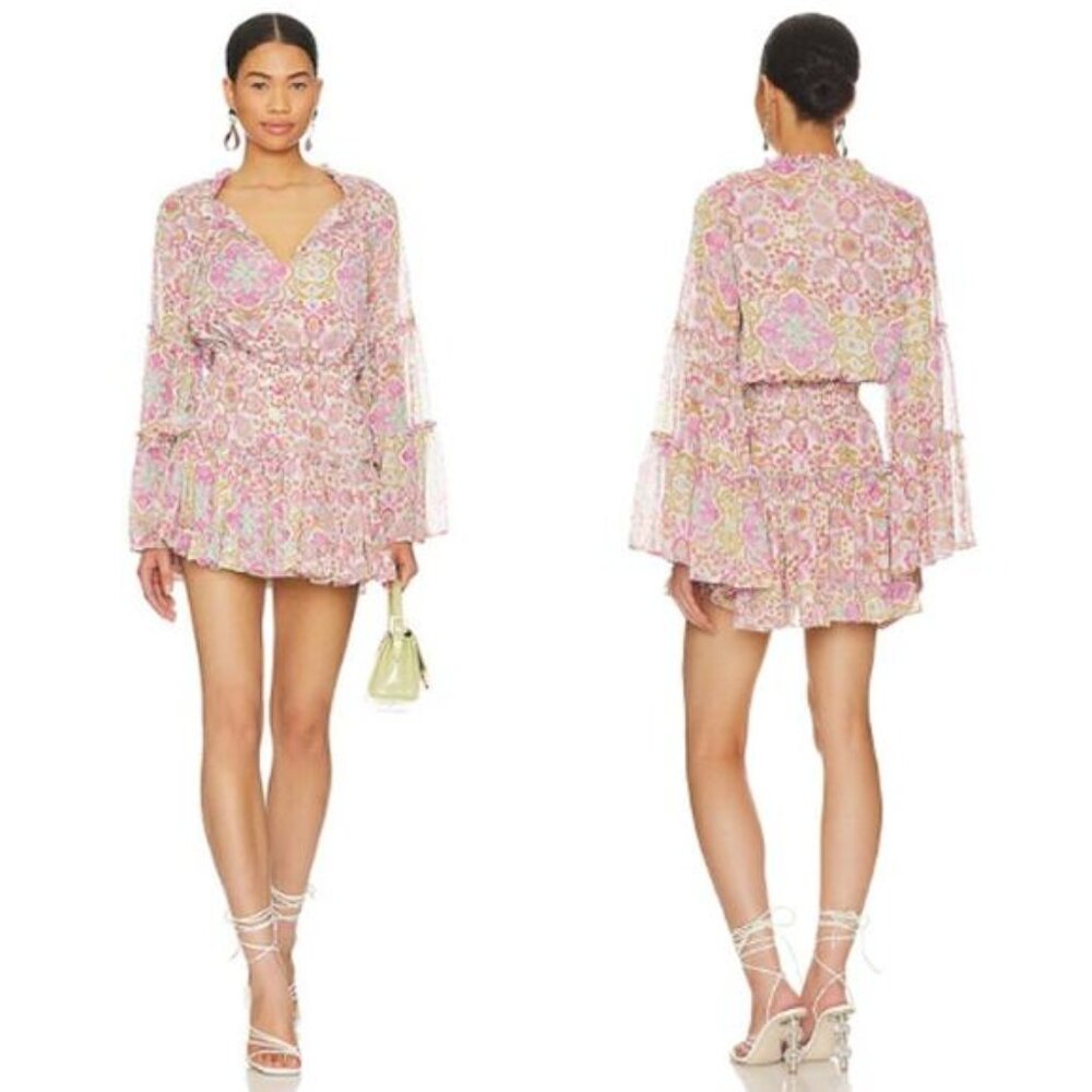 NEW Misa Leeva Floral Smocked Waist Long Sleeve Mini Dress Veranda Flora